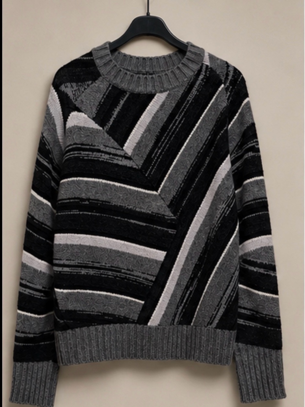 Helmut Lang Oversized Striped Wool  Cashmere Blend Crewneck Sweater Gray Large